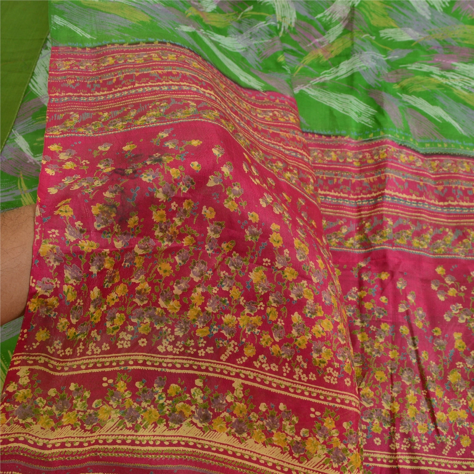 Sanskriti Vintage Sarees Indian Green 100% Pure Silk Printed Sari Craft Fabric, PR-64030-Green-Pure Silk-6