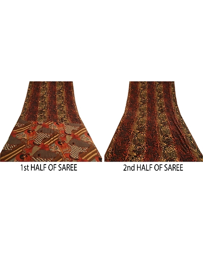 Sanskriti Vintage Sarees From India Brown Pure Silk Printed Sari Craft Fabric, PR-64032-Brown-Pure Silk-4