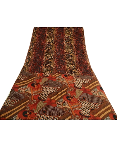 Sanskriti Vintage Sarees From India Brown Pure Silk Printed Sari Craft Fabric, PR-64032-Brown-Pure Silk-7