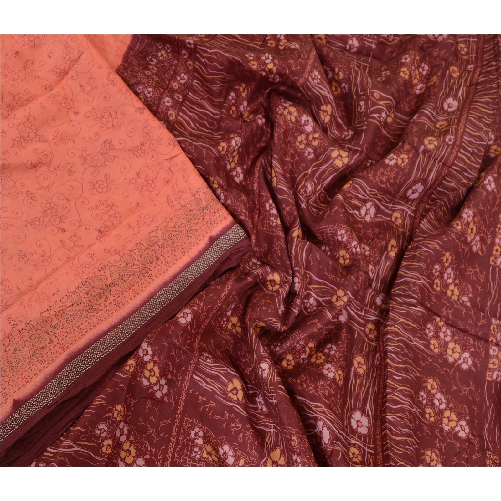 Sanskriti Vintage Sarees Indian Peach Pure Silk Printed Sari Soft Craft Fabric, PR-64044-Peach-Pure Silk-1