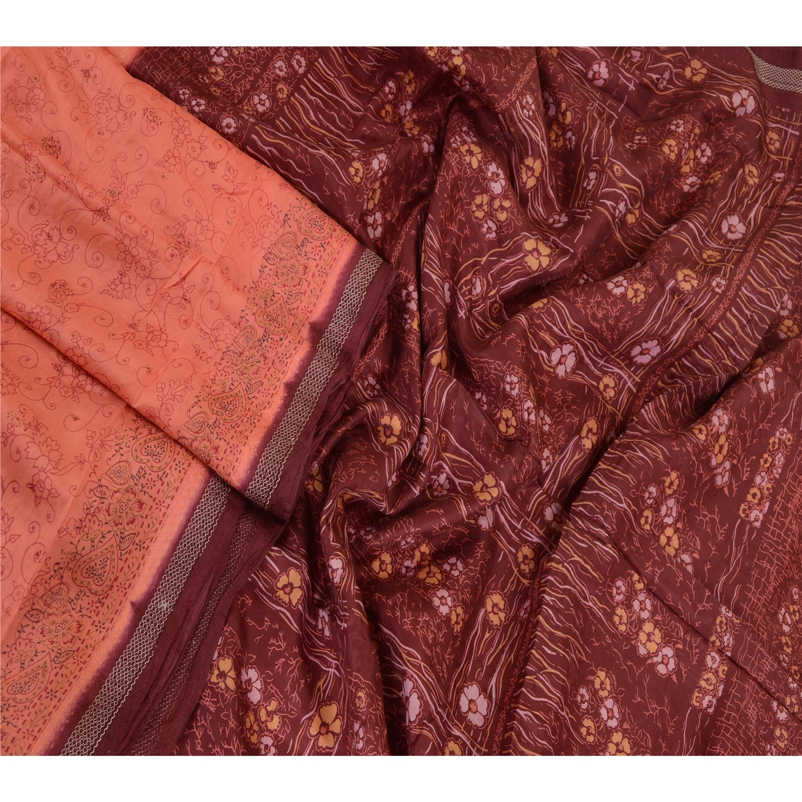 Sanskriti Vintage Sarees Indian Peach Pure Silk Printed Sari Soft Craft Fabric, PR-64044-Peach-Pure Silk-2