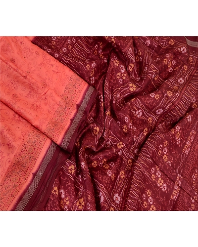Sanskriti Vintage Sarees Indian Peach Pure Silk Printed Sari Soft Craft Fabric, PR-64044-Peach-Pure Silk-2