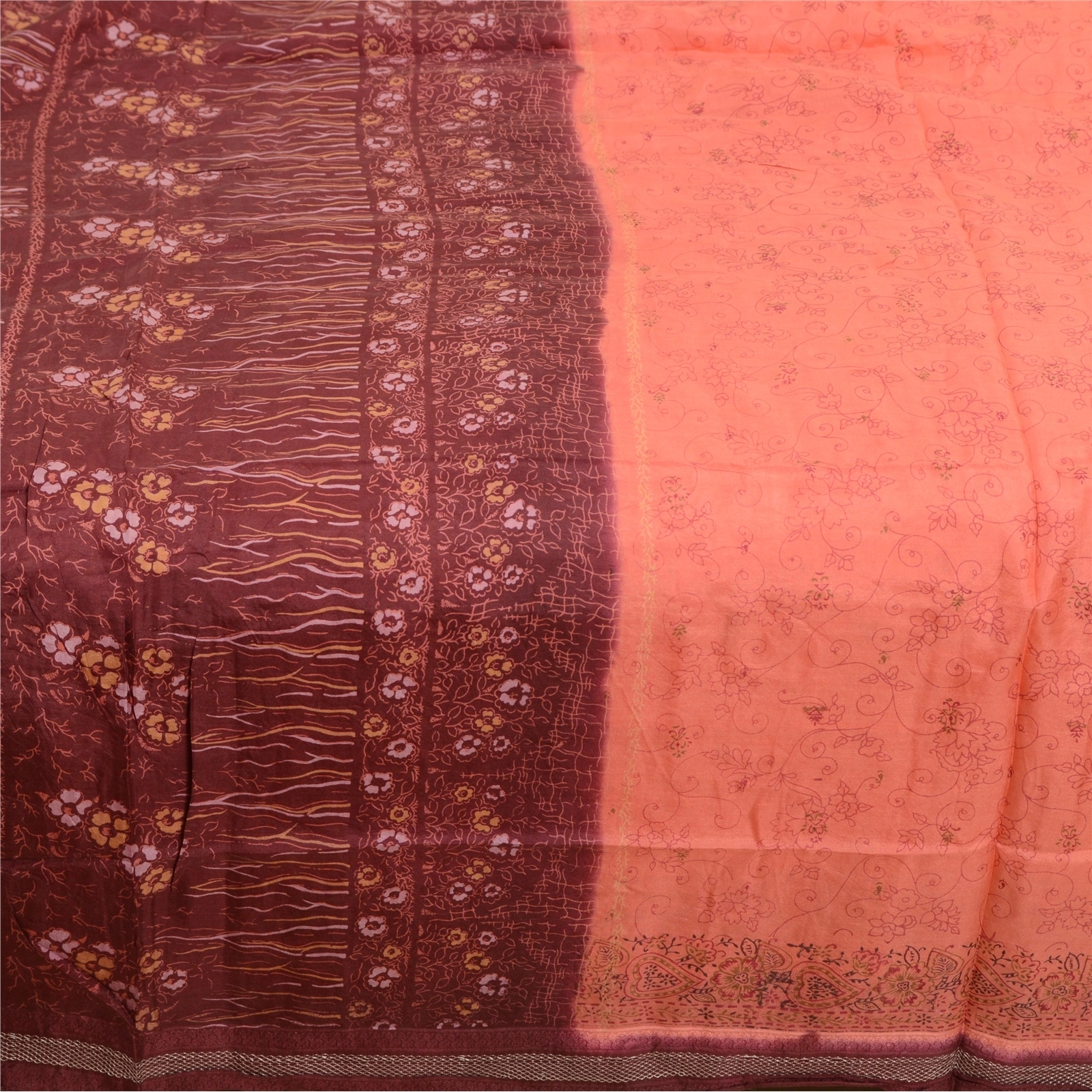 Sanskriti Vintage Sarees Indian Peach Pure Silk Printed Sari Soft Craft Fabric, PR-64044-Peach-Pure Silk-3