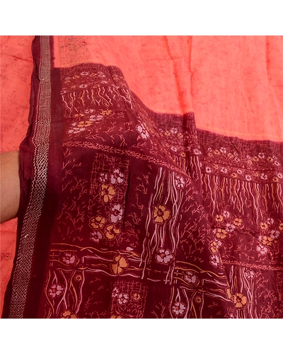 Sanskriti Vintage Sarees Indian Peach Pure Silk Printed Sari Soft Craft Fabric, PR-64044-Peach-Pure Silk-5