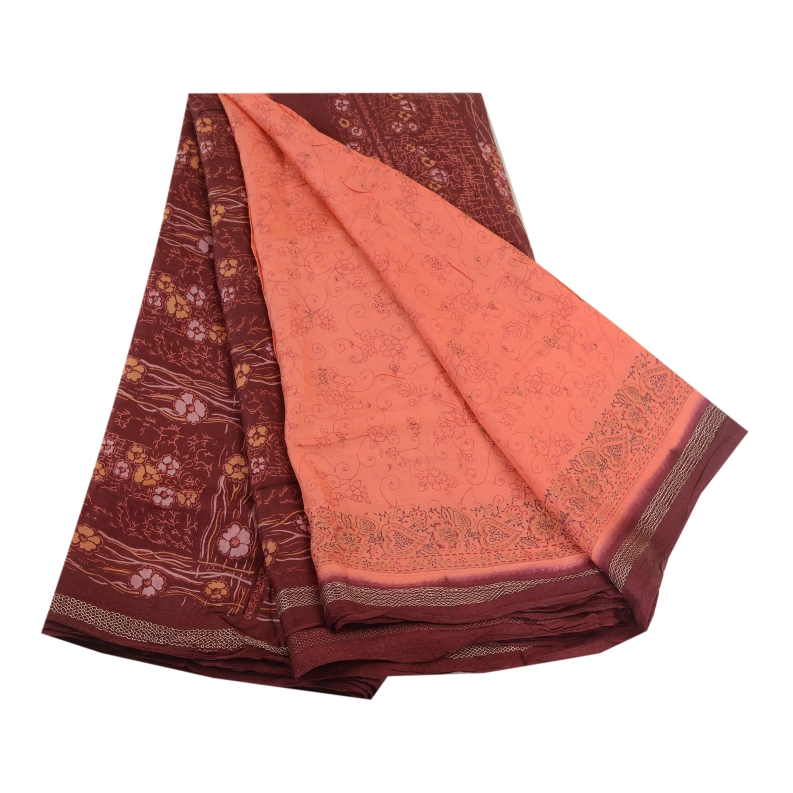 Sanskriti Vintage Sarees Indian Peach Pure Silk Printed Sari Soft Craft Fabric, PR-64044-Peach-Pure Silk-6