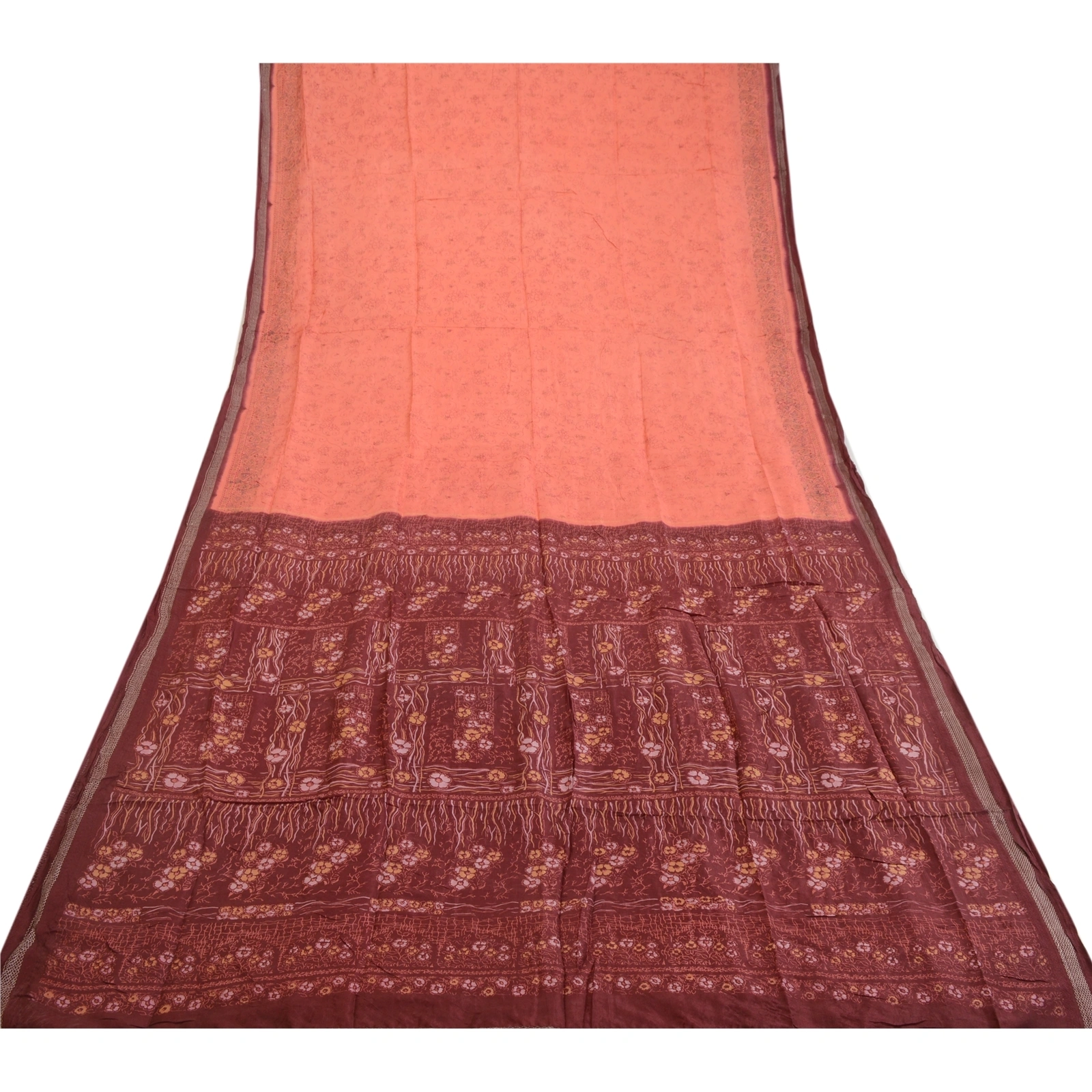 Sanskriti Vintage Sarees Indian Peach Pure Silk Printed Sari Soft Craft Fabric, PR-64044-Peach-Pure Silk-7