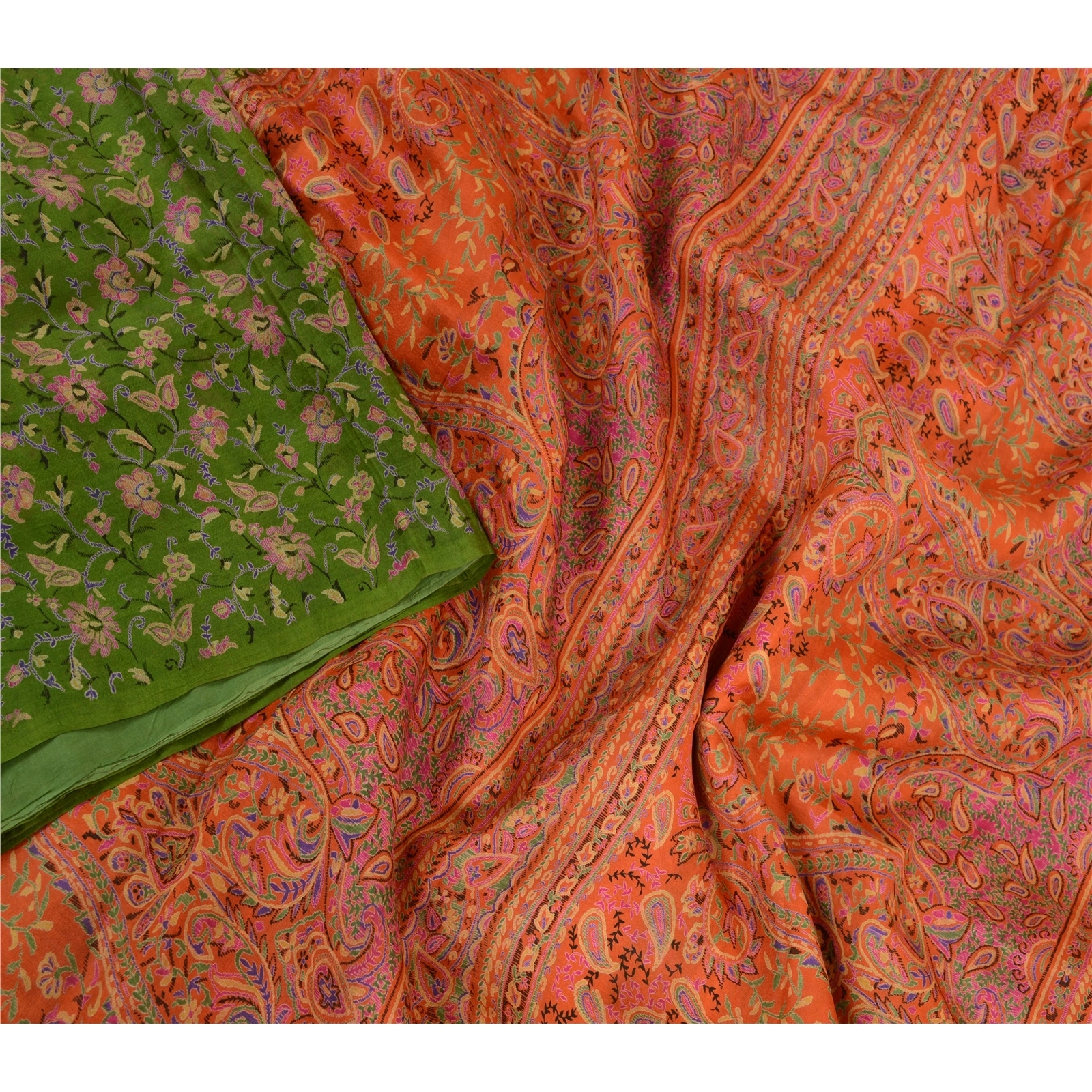 Sanskriti Vintage Sarees Indian Green Pure Silk Printed Sari Soft Craft Fabric, PR-64047-Green-Pure Silk-1