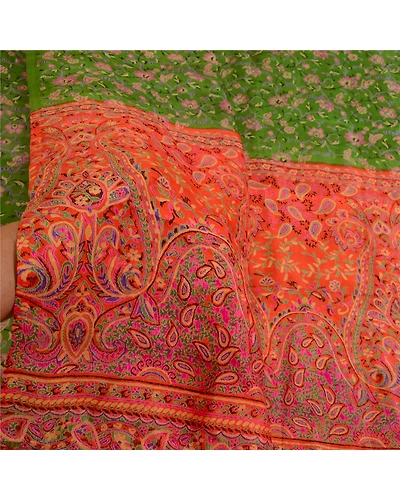 Sanskriti Vintage Sarees Indian Green Pure Silk Printed Sari Soft Craft Fabric, PR-64047-Green-Pure Silk-5