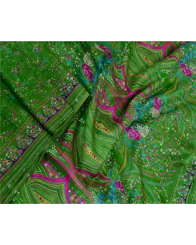 Sanskriti Vintage Sarees Green Indian Pure Silk Printed Sari Soft Craft Fabric, PR-64054-Green-Pure Silk-3