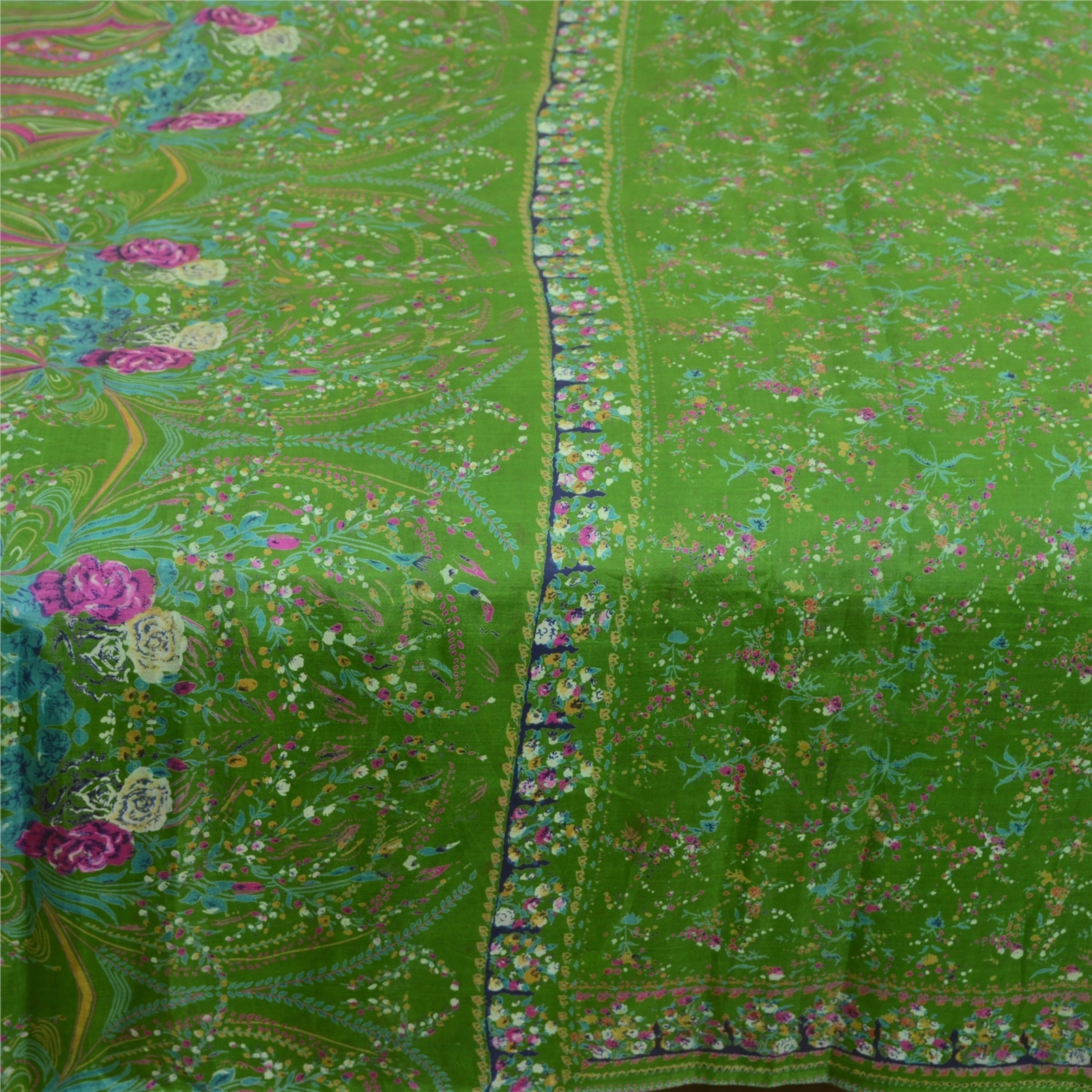 Sanskriti Vintage Sarees Green Indian Pure Silk Printed Sari Soft Craft Fabric, PR-64054-Green-Pure Silk-4