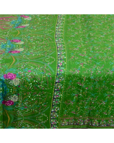 Sanskriti Vintage Sarees Green Indian Pure Silk Printed Sari Soft Craft Fabric, PR-64054-Green-Pure Silk-4