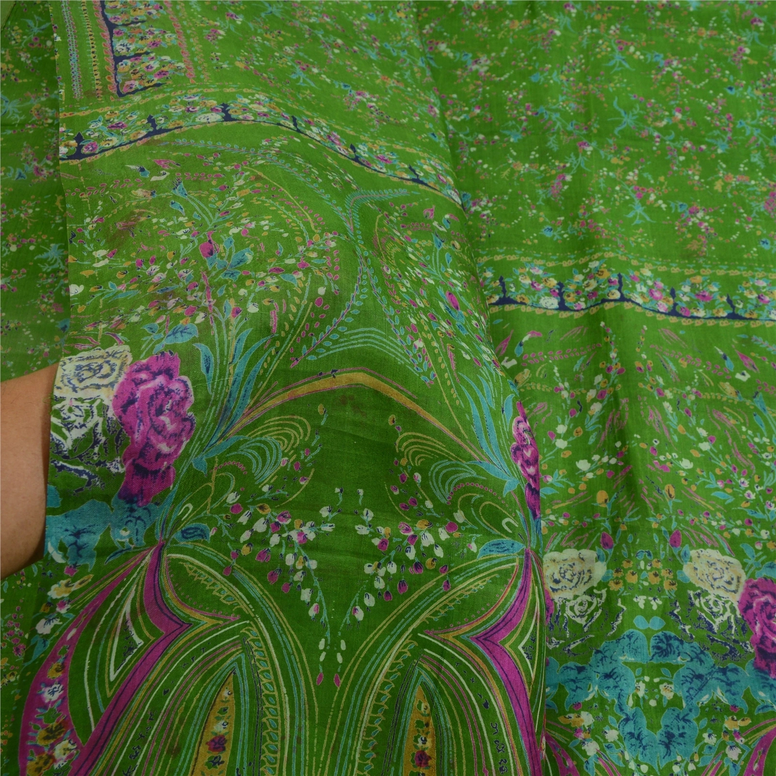 Sanskriti Vintage Sarees Green Indian Pure Silk Printed Sari Soft Craft Fabric, PR-64054-Green-Pure Silk-6