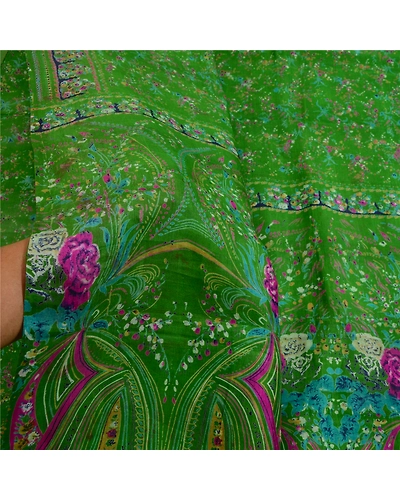 Sanskriti Vintage Sarees Green Indian Pure Silk Printed Sari Soft Craft Fabric, PR-64054-Green-Pure Silk-6