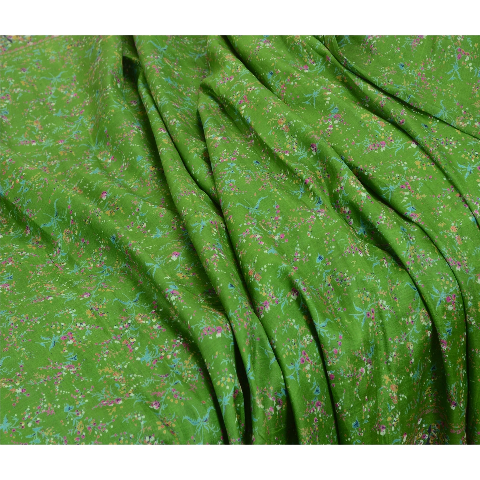 Sanskriti Vintage Sarees Green Indian Pure Silk Printed Sari Soft Craft Fabric, PR-64054-Green-Pure Silk-7