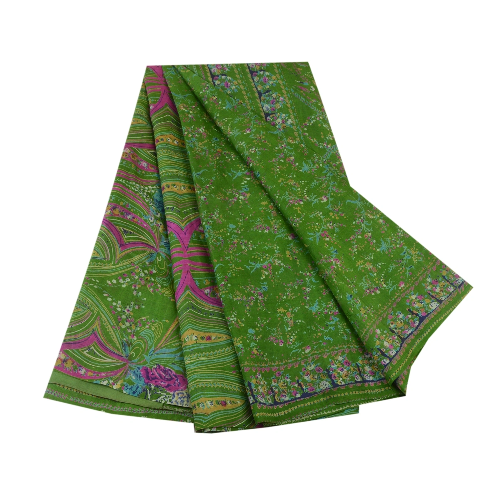 Sanskriti Vintage Sarees Green Indian Pure Silk Printed Sari Soft Craft Fabric, PR-64054-Green-Pure Silk-8