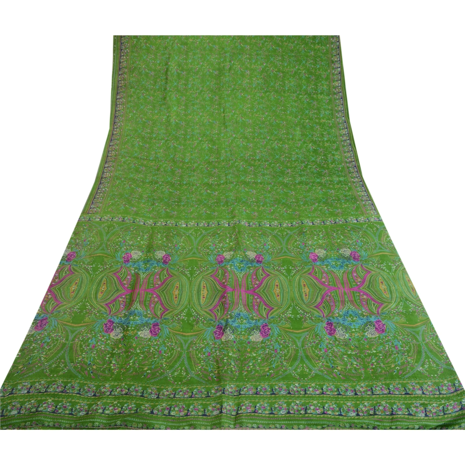 Sanskriti Vintage Sarees Green Indian Pure Silk Printed Sari Soft Craft Fabric, PR-64054-Green-Pure Silk-9