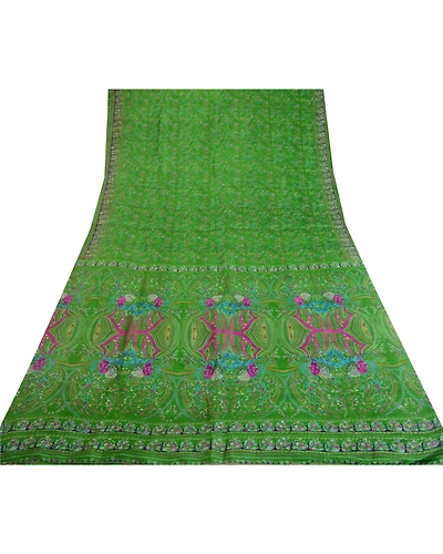 Sanskriti Vintage Sarees Green Indian Pure Silk Printed Sari Soft Craft Fabric, PR-64054-Green-Pure Silk-9