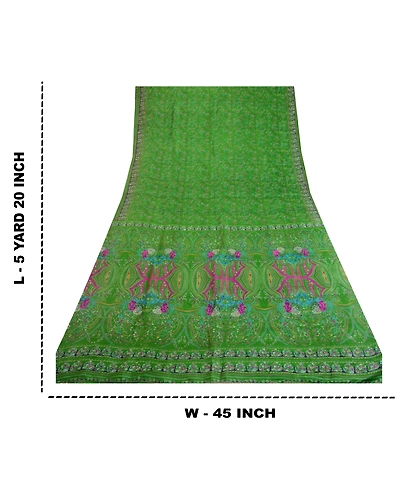 Sanskriti Vintage Sarees Green Indian Pure Silk Printed Sari Soft Craft Fabric, PR-64054-Green-Pure Silk-10