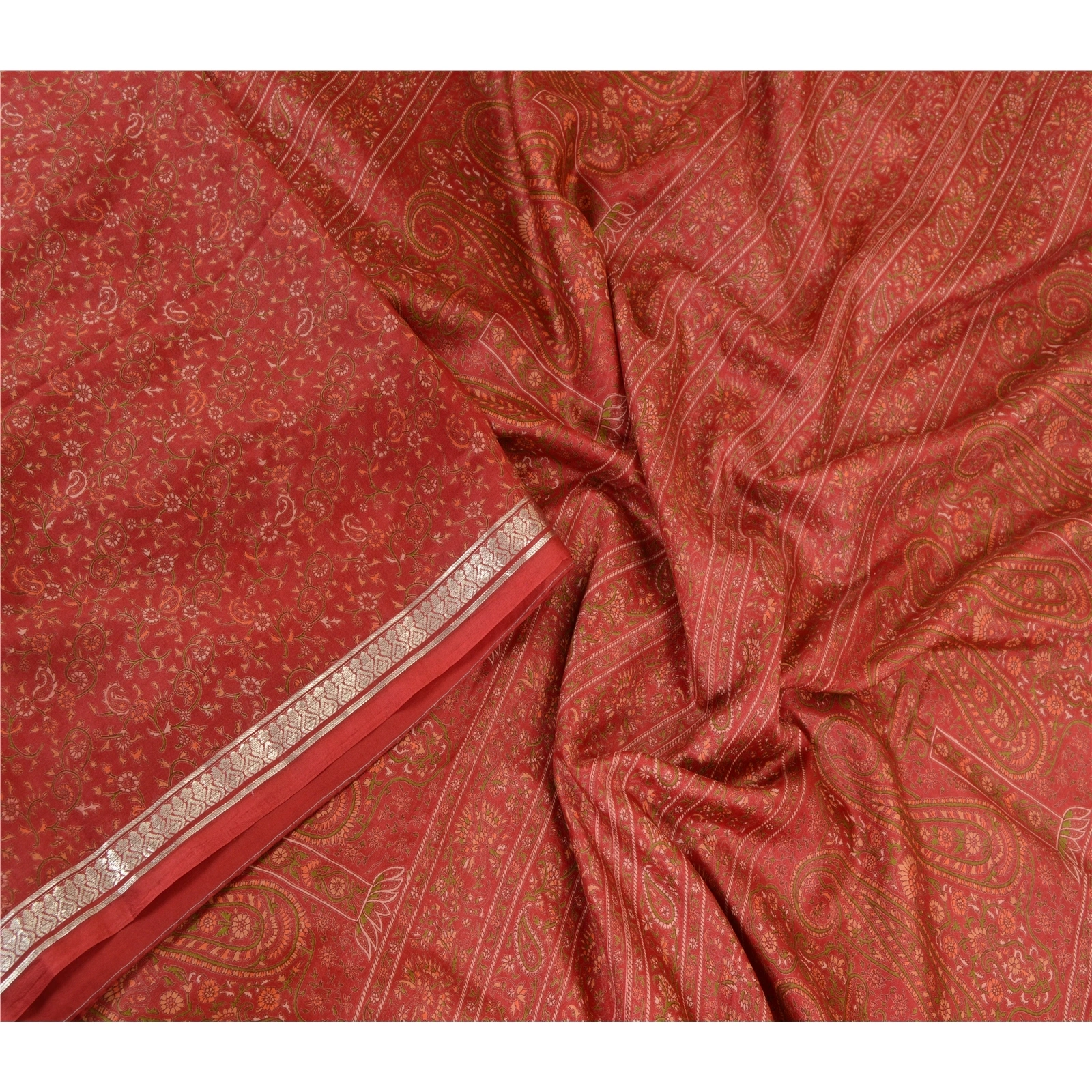 Sanskriti Vintage Sarees Red Zari Border Pure Silk Printed Sari 5Yd Craft Fabric, PR-64055-Red-Pure Silk-1