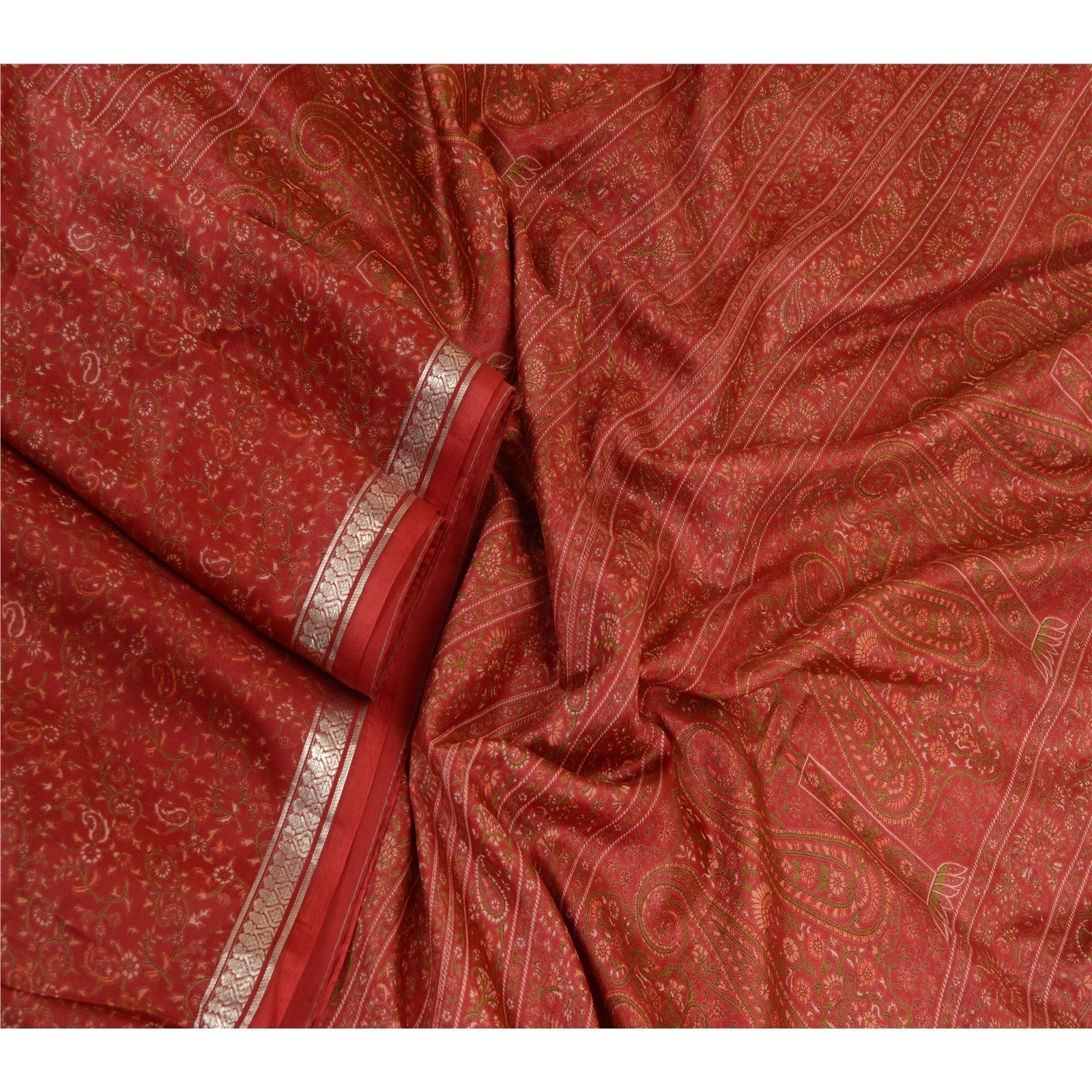 Sanskriti Vintage Sarees Red Zari Border Pure Silk Printed Sari 5Yd Craft Fabric, PR-64055-Red-Pure Silk-2