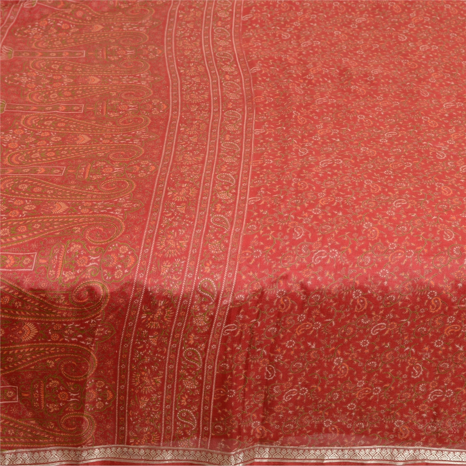 Sanskriti Vintage Sarees Red Zari Border Pure Silk Printed Sari 5Yd Craft Fabric, PR-64055-Red-Pure Silk-3