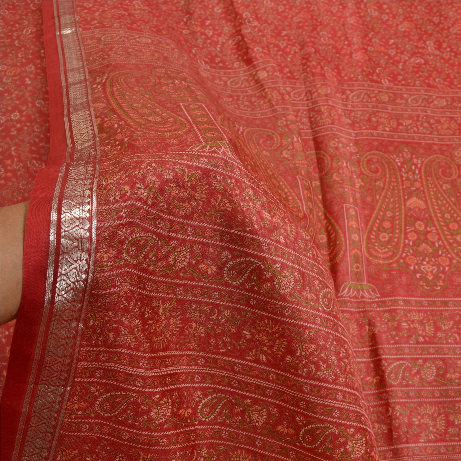 Sanskriti Vintage Sarees Red Zari Border Pure Silk Printed Sari 5Yd Craft Fabric, PR-64055-Red-Pure Silk-5