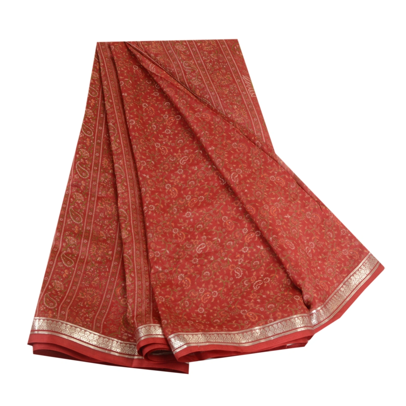 Sanskriti Vintage Sarees Red Zari Border Pure Silk Printed Sari 5Yd Craft Fabric, PR-64055-Red-Pure Silk-7