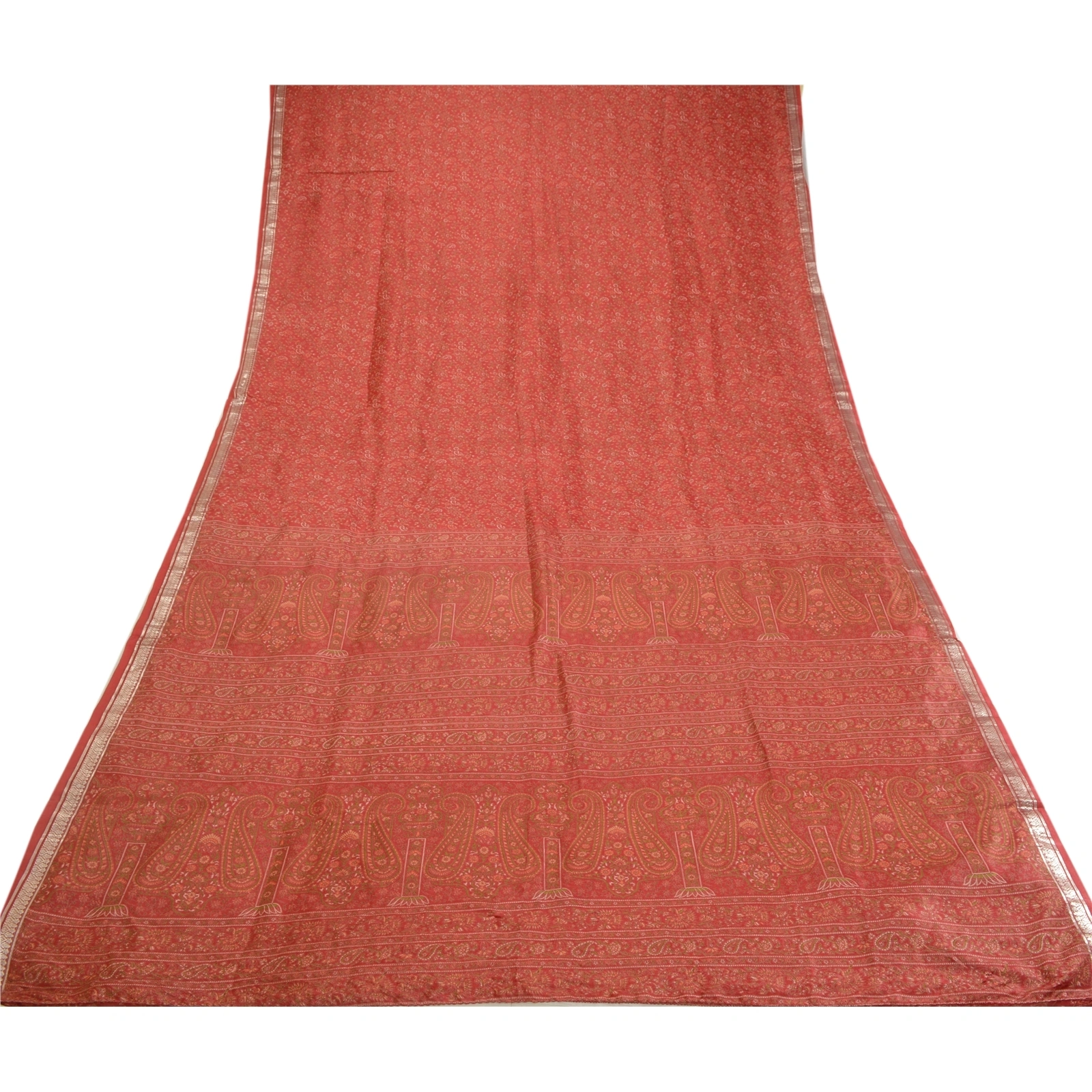 Sanskriti Vintage Sarees Red Zari Border Pure Silk Printed Sari 5Yd Craft Fabric, PR-64055-Red-Pure Silk-8