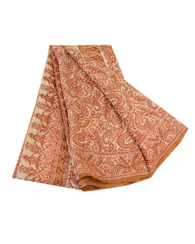 Sanskriti Vintage Sarees Indian Ivory Pure Silk Printed Sari 5Yd Craft Fabric, PR-64057-Ivory-Pure Silk-6
