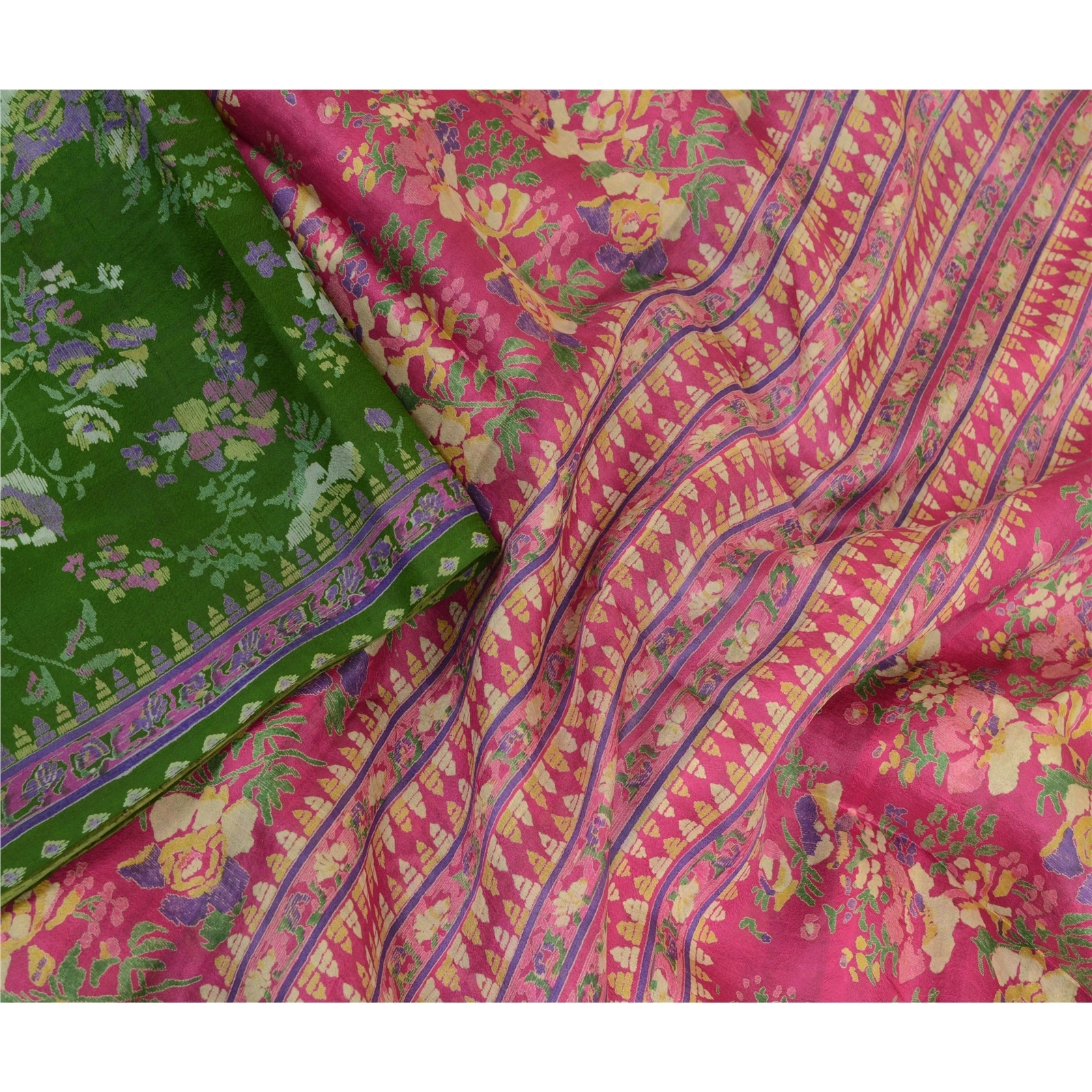 Sanskriti Vintage Sarees Green 100% Pure Silk Printed Sari Floral Craft Fabric, PR-64059-Green-Pure Silk-1