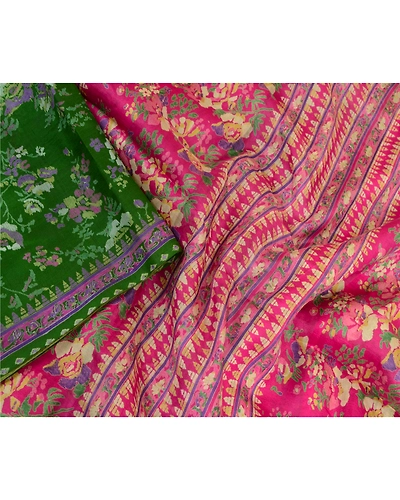 Sanskriti Vintage Sarees Green 100% Pure Silk Printed Sari Floral Craft Fabric, PR-64059-Green-Pure Silk-1