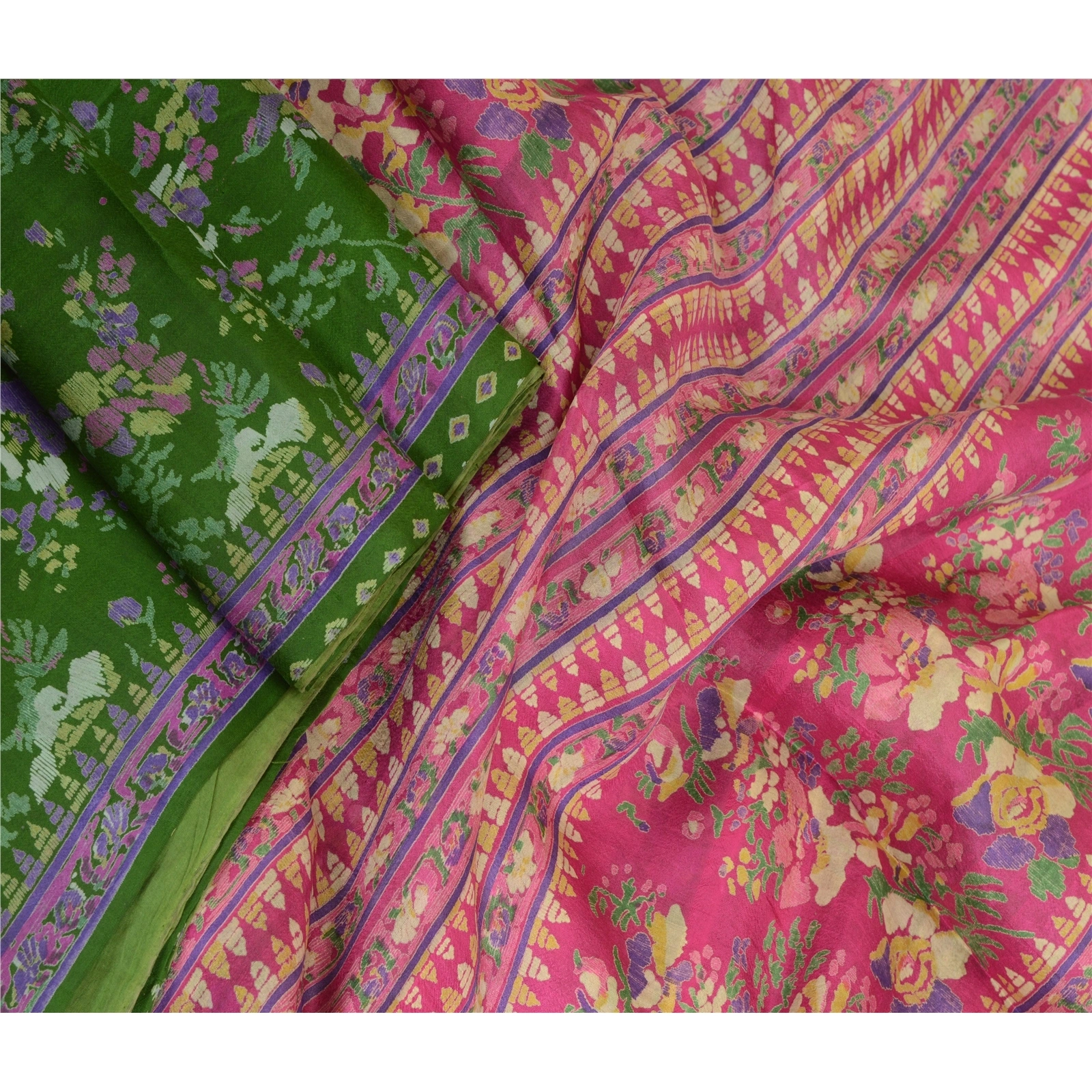 Sanskriti Vintage Sarees Green 100% Pure Silk Printed Sari Floral Craft Fabric, PR-64059-Green-Pure Silk-2