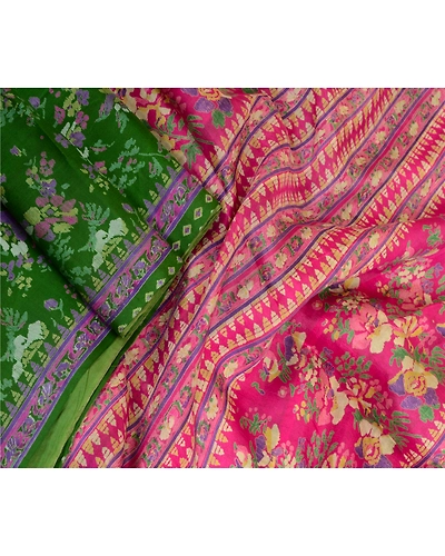 Sanskriti Vintage Sarees Green 100% Pure Silk Printed Sari Floral Craft Fabric, PR-64059-Green-Pure Silk-2