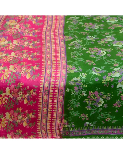 Sanskriti Vintage Sarees Green 100% Pure Silk Printed Sari Floral Craft Fabric, PR-64059-Green-Pure Silk-3