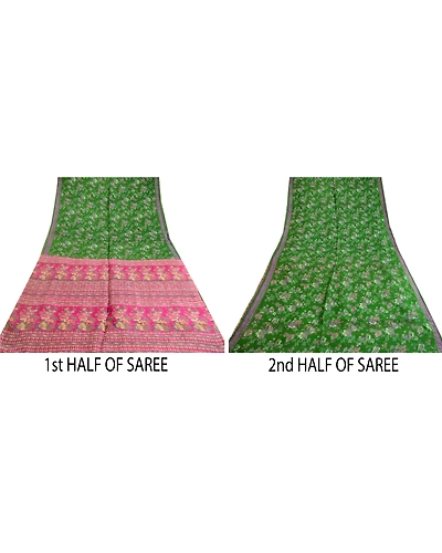 Sanskriti Vintage Sarees Green 100% Pure Silk Printed Sari Floral Craft Fabric, PR-64059-Green-Pure Silk-4