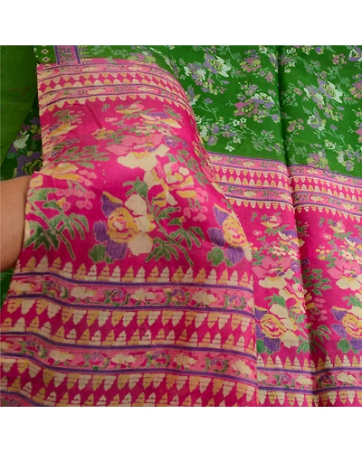 Sanskriti Vintage Sarees Green 100% Pure Silk Printed Sari Floral Craft Fabric, PR-64059-Green-Pure Silk-5