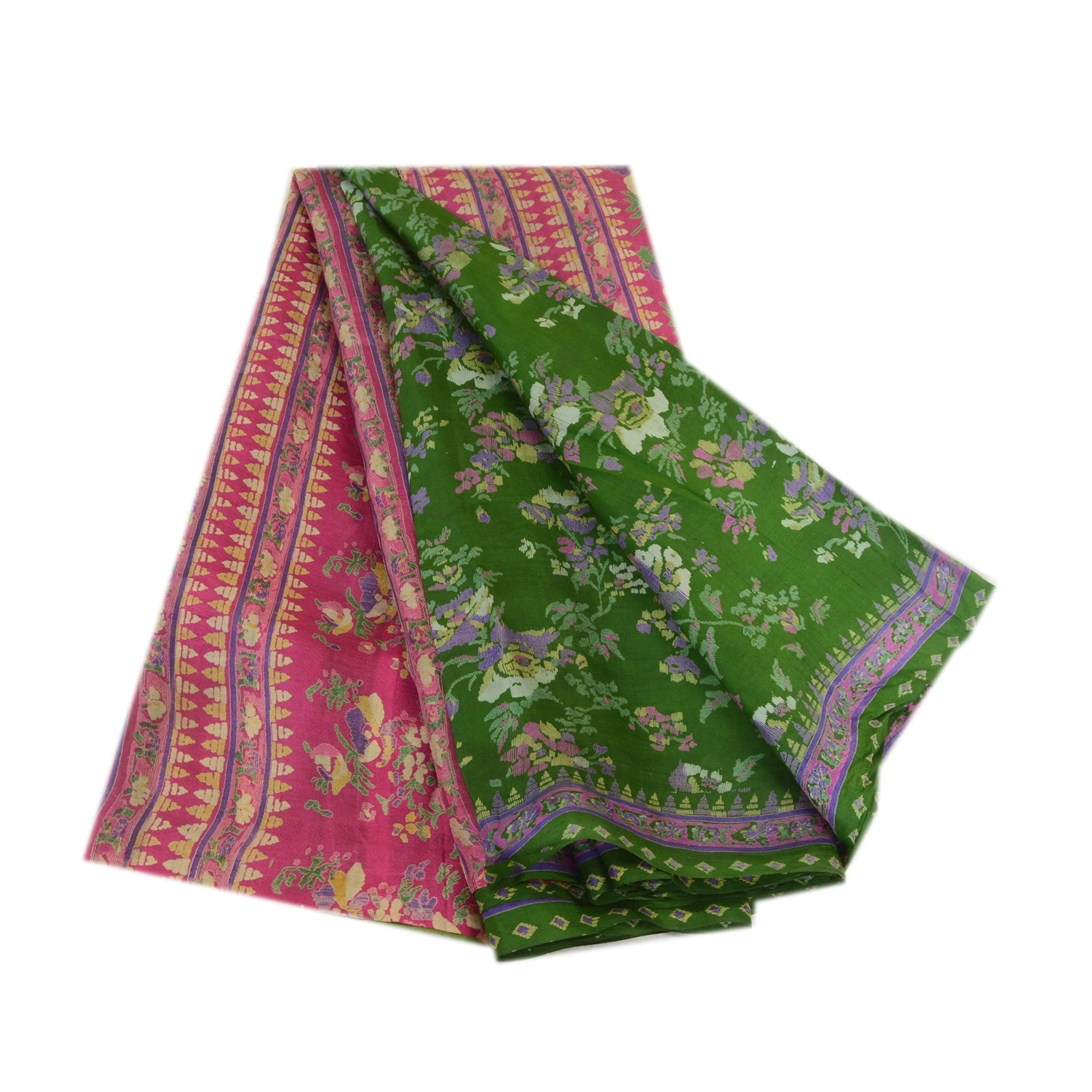 Sanskriti Vintage Sarees Green 100% Pure Silk Printed Sari Floral Craft Fabric, PR-64059-Green-Pure Silk-7