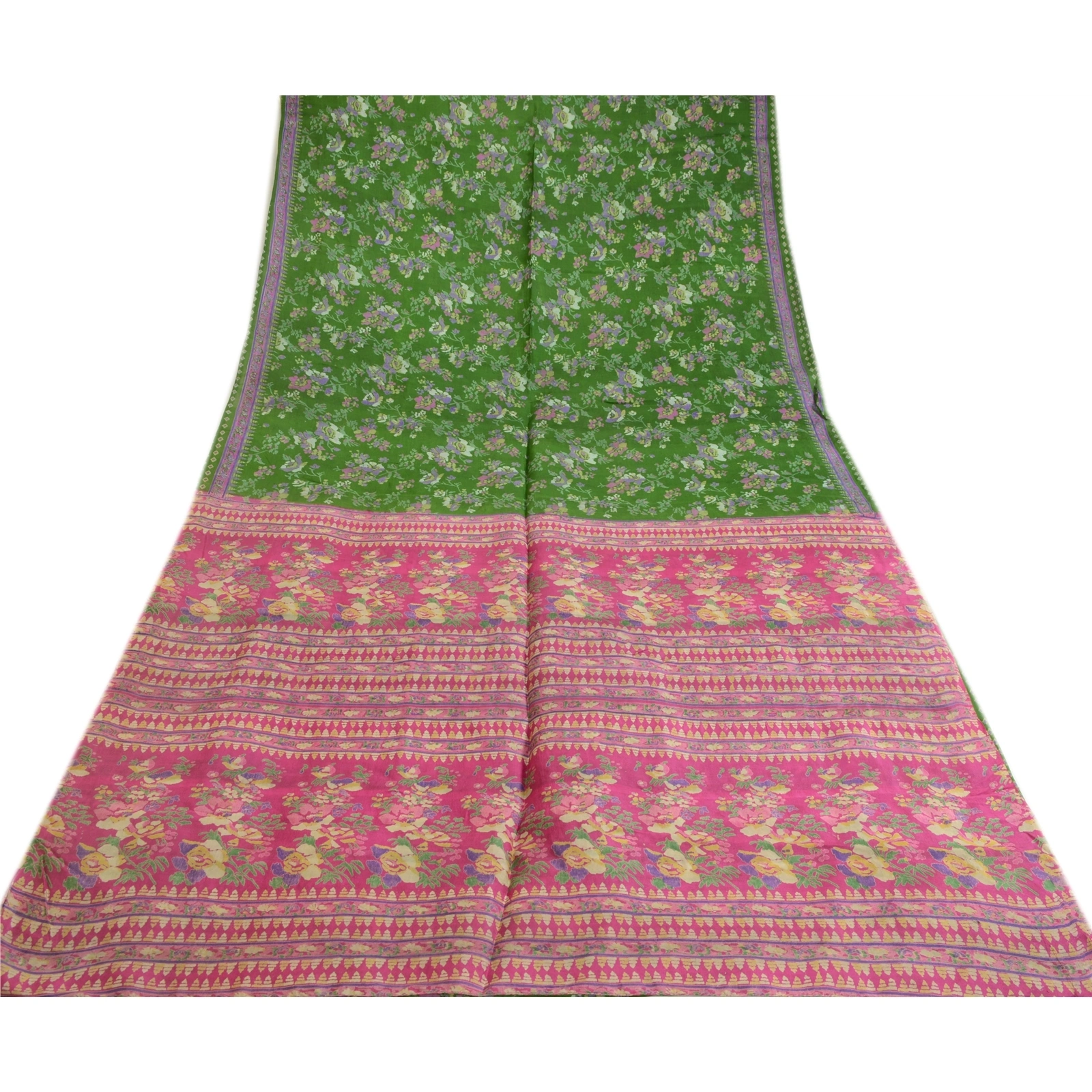 Sanskriti Vintage Sarees Green 100% Pure Silk Printed Sari Floral Craft Fabric, PR-64059-Green-Pure Silk-8