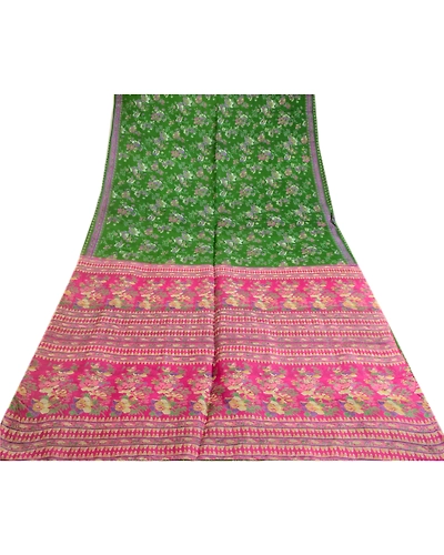 Sanskriti Vintage Sarees Green 100% Pure Silk Printed Sari Floral Craft Fabric, PR-64059-Green-Pure Silk-8