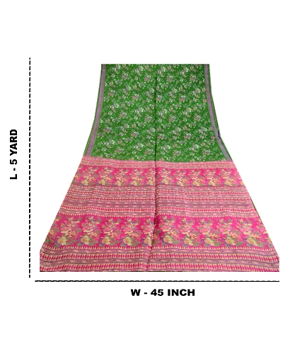 Sanskriti Vintage Sarees Green 100% Pure Silk Printed Sari Floral Craft Fabric, PR-64059-Green-Pure Silk-9