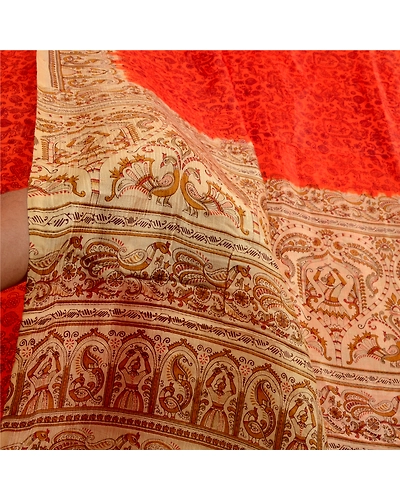 Sanskriti Vintage Sarees Orange Peacock Women Print Pure Silk Sari Craft Fabric, PR-64062-Orange-Pure Silk-5