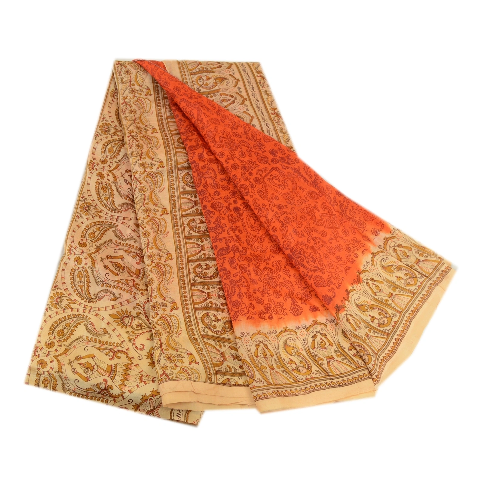 Sanskriti Vintage Sarees Orange Peacock Women Print Pure Silk Sari Craft Fabric, PR-64062-Orange-Pure Silk-7