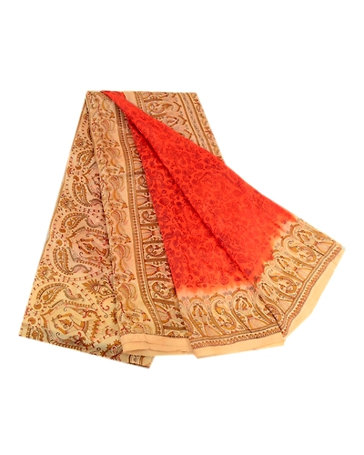 Sanskriti Vintage Sarees Orange Peacock Women Print Pure Silk Sari Craft Fabric, PR-64062-Orange-Pure Silk-7