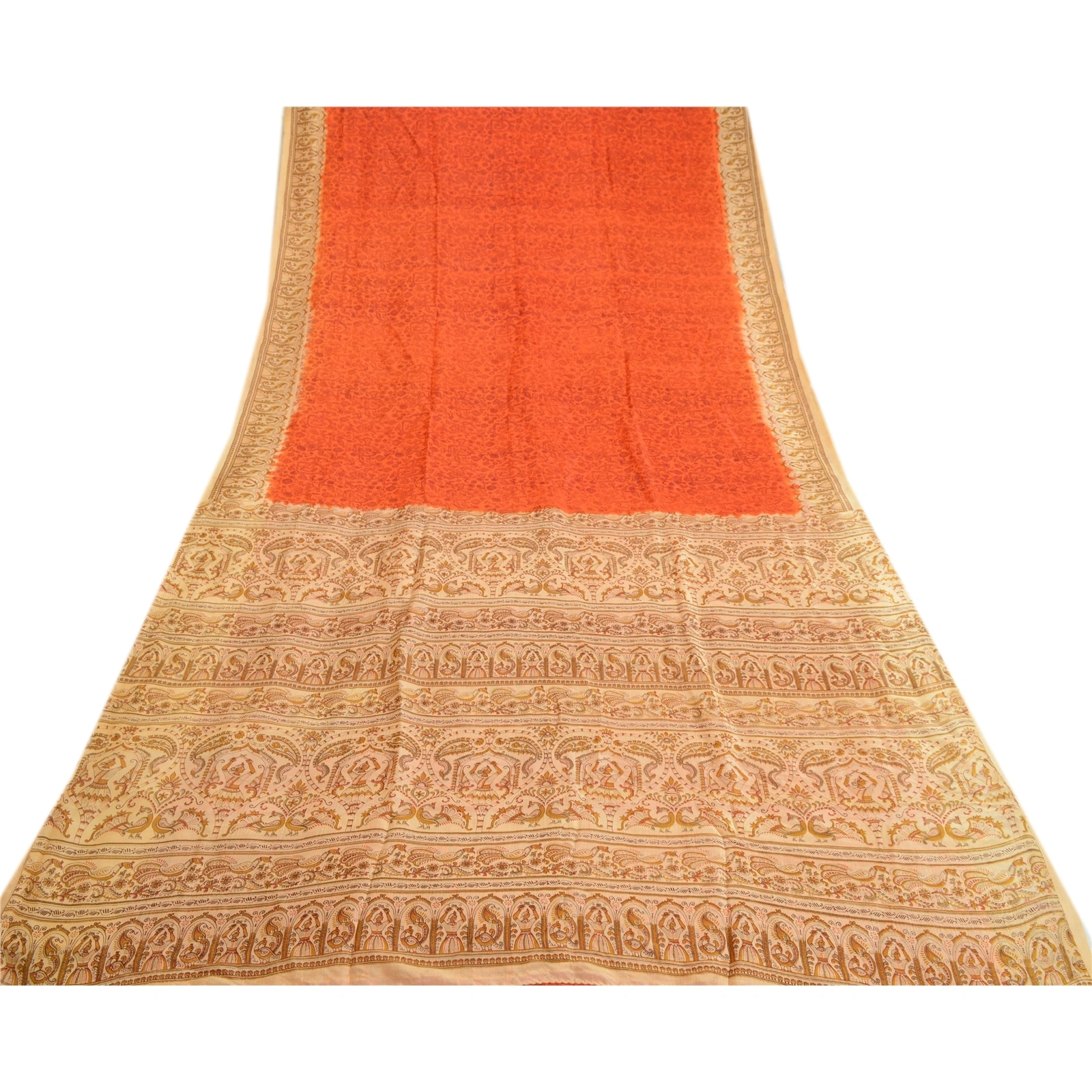 Sanskriti Vintage Sarees Orange Peacock Women Print Pure Silk Sari Craft Fabric, PR-64062-Orange-Pure Silk-8