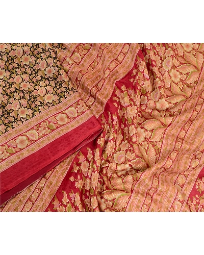 Sanskriti Vintage Sarees Indian Black Printed Pure Silk Sari Floral Craft Fabric, PR-64066-Black-Pure Silk-1