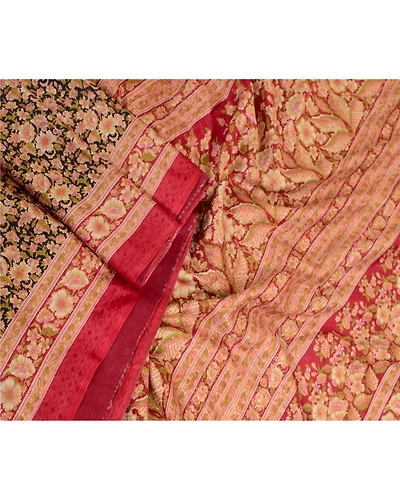 Sanskriti Vintage Sarees Indian Black Printed Pure Silk Sari Floral Craft Fabric, PR-64066-Black-Pure Silk-2