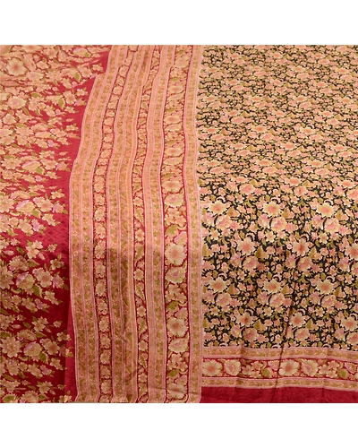 Sanskriti Vintage Sarees Indian Black Printed Pure Silk Sari Floral Craft Fabric, PR-64066-Black-Pure Silk-3
