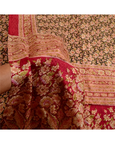 Sanskriti Vintage Sarees Indian Black Printed Pure Silk Sari Floral Craft Fabric, PR-64066-Black-Pure Silk-5