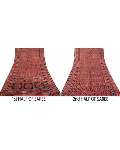Sanskriti Vintage Sarees Indian Red Printed 100% Pure Silk Sari 5Yd Craft Fabric, PR-64072-Red-Pure Silk-4