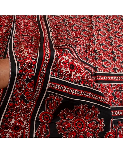 Sanskriti Vintage Sarees Indian Red Printed 100% Pure Silk Sari 5Yd Craft Fabric, PR-64072-Red-Pure Silk-5